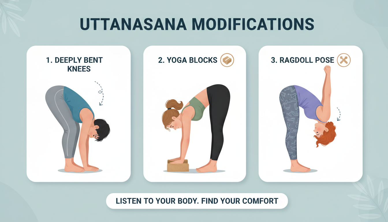 Hands to Feet Pose - An educational infographic showcasing three modifications for Uttanasana: a person with deeply bent knees, a person using yoga blocks under their hands, and a person in Ragdoll pose holding opposite elbows.