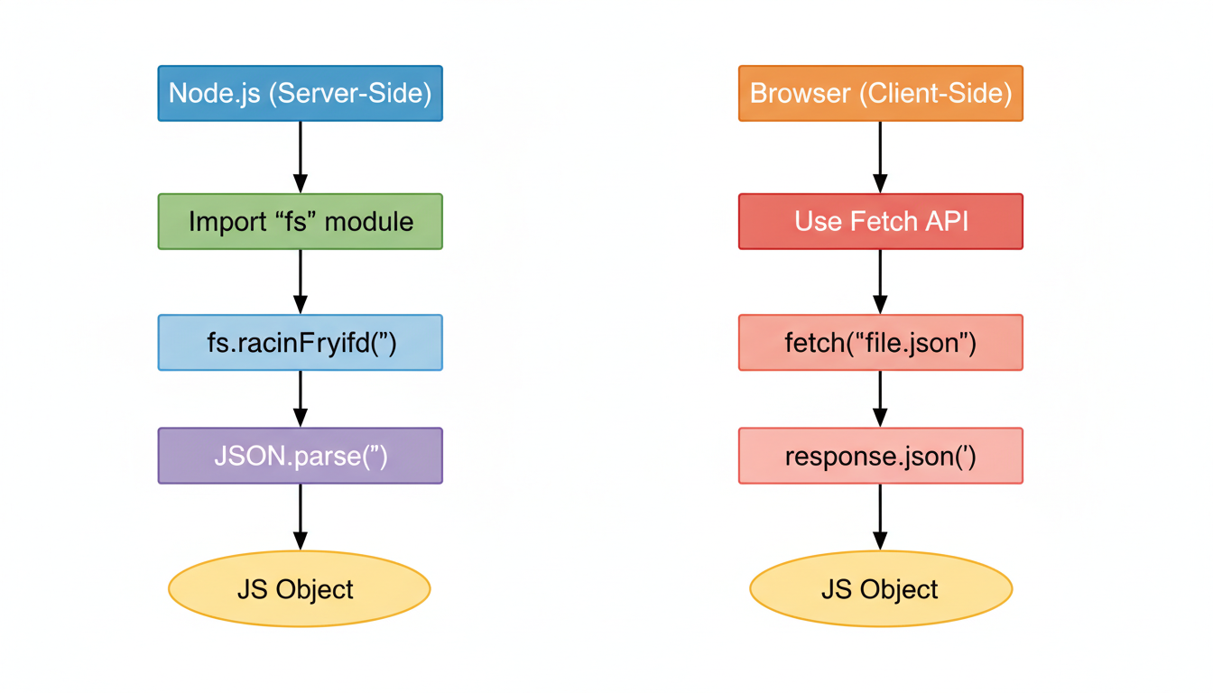 How to read a JSON file - A simple, clean flowchart comparing two paths. Left path: "Node.js (Server-Side)" -> "Import 'fs' module" -> "fs.readFileSync()" -> "JSON.parse()" -> "JS Object". Right path: "Browser (Client-Side)" -> "Use Fetch API" -> "fetch('file.json')" -> "response.json()" -> "JS Object".