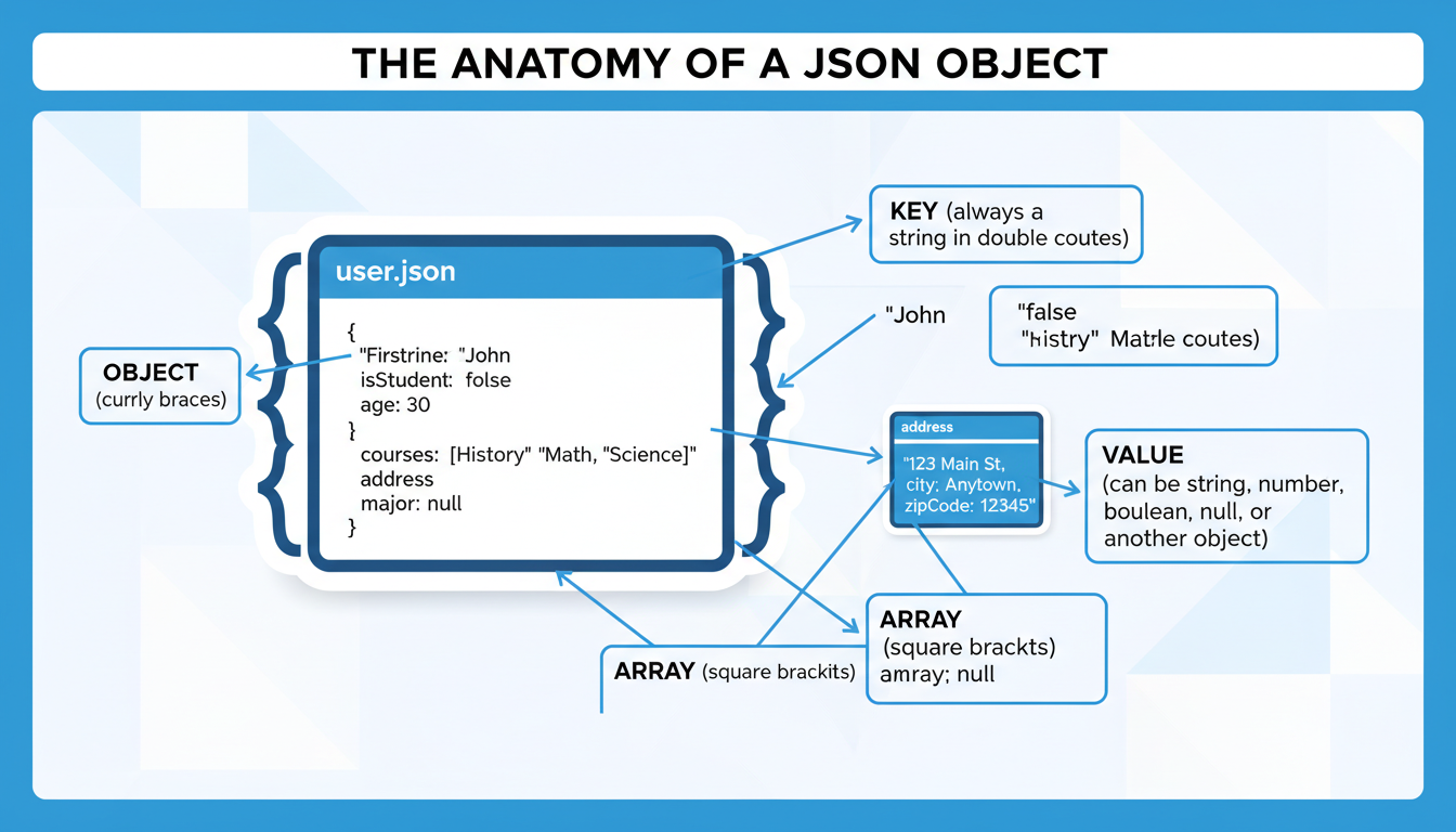 How to read a JSON file - Detailed infographic titled 'The Anatomy of a JSON Object'. It uses the user.json example, with arrows and callouts pointing to each element: "Object (curly braces)", "Key (always a string in double quotes)", "Value (can be string, number, boolean, null, array, or another object)", "Array (square brackets)", "Nested Object".