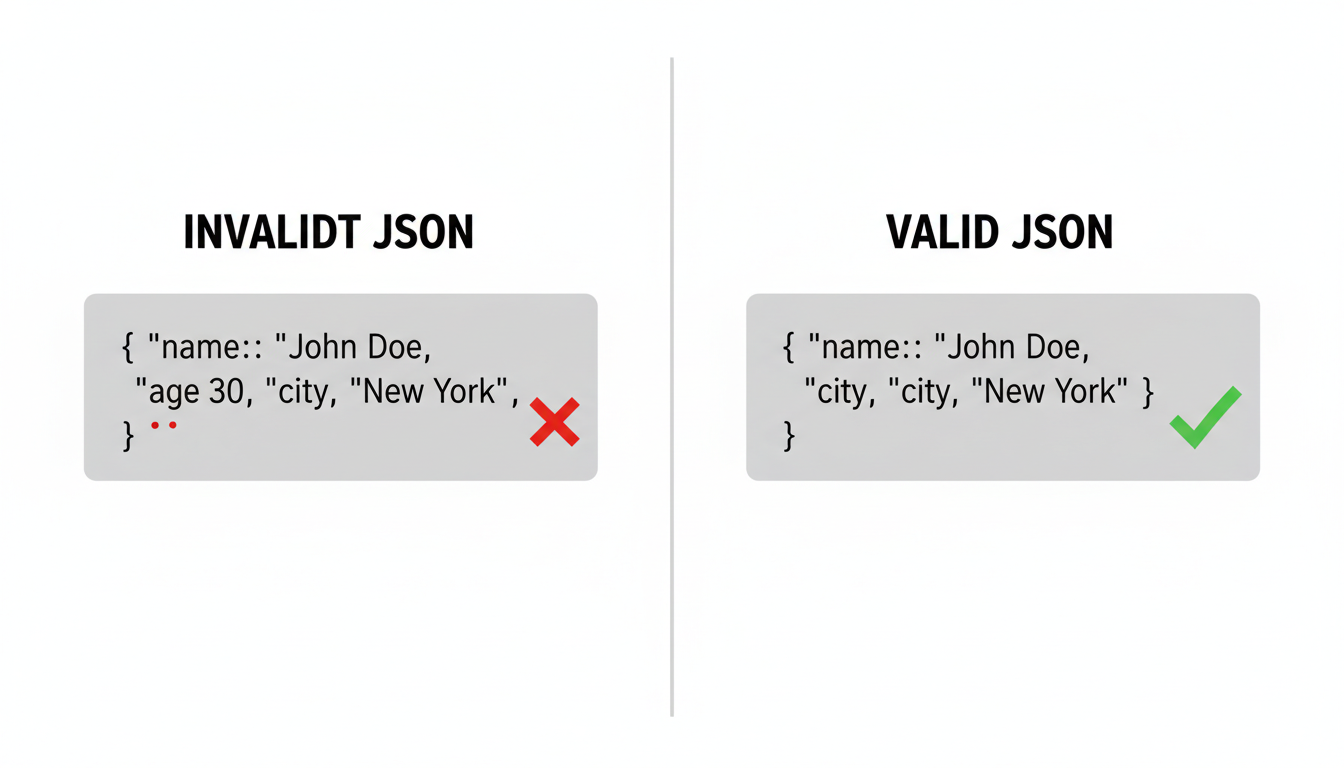 How to read a JSON file - A side-by-side comparison graphic. Left side labeled "INVALID JSON" shows a JSON object with a red 'X' next to a trailing comma. Right side labeled "VALID JSON" shows the same object with the comma removed and a green checkmark.