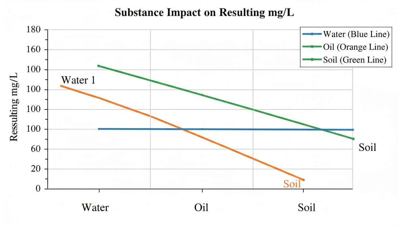 convert mg/kg to mg/L - A data trend graph showing three lines. All start at 100 mg/kg. Line 1 (Water) stays flat at 100 mg/L. Line 2 (Oil) trends down to 87 mg/L. Line 3 (Soil) trends up to 160 mg/L. The x-axis is 'Substance' and y-axis is 'Resulting mg/L'.