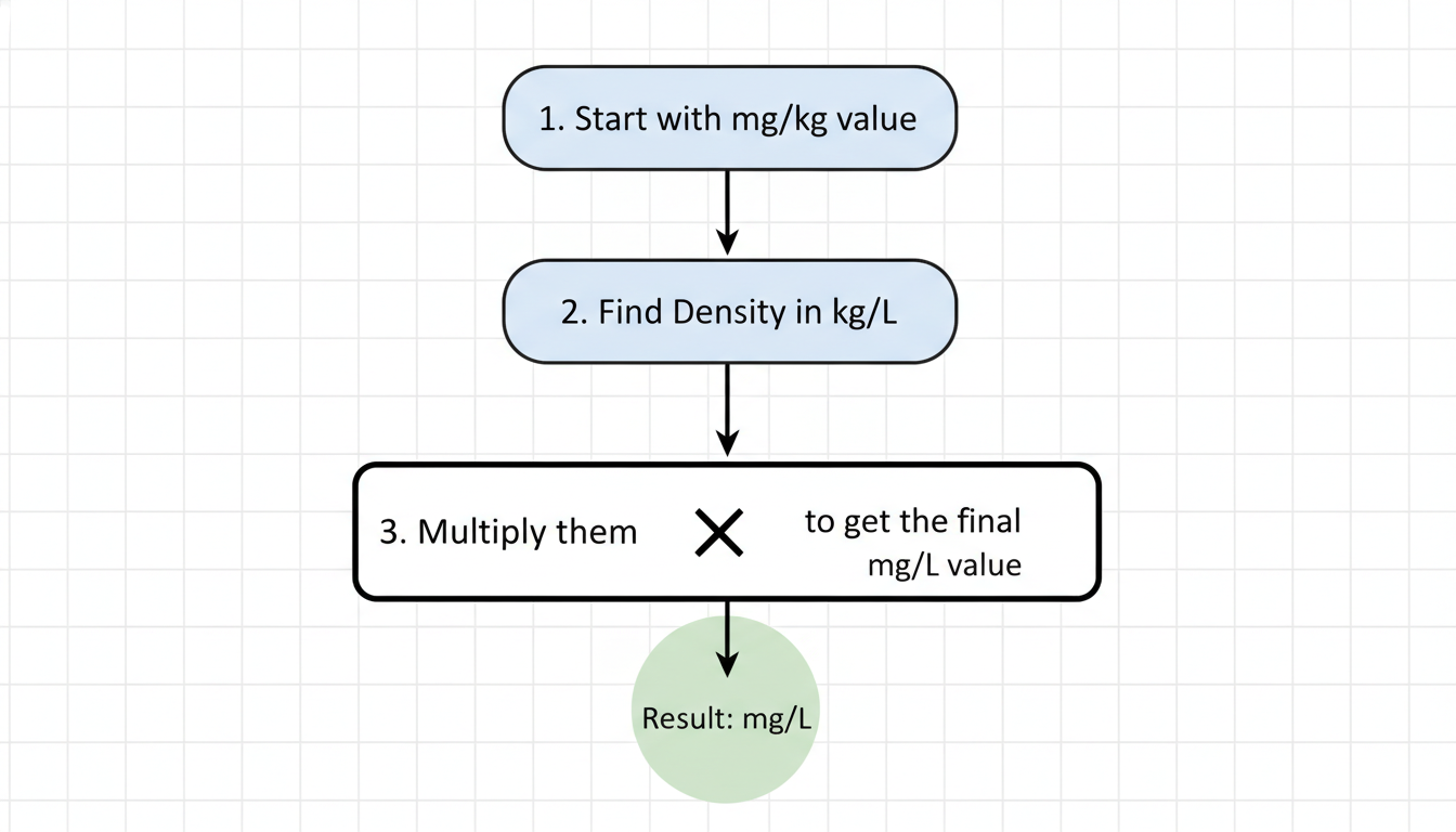 convert mg/kg to mg/L - A clean, minimalist flowchart diagram illustrating the 3-step process: 1. Start with mg/kg value. 2. Find Density in kg/L. 3. Multiply them together to get the final mg/L value.