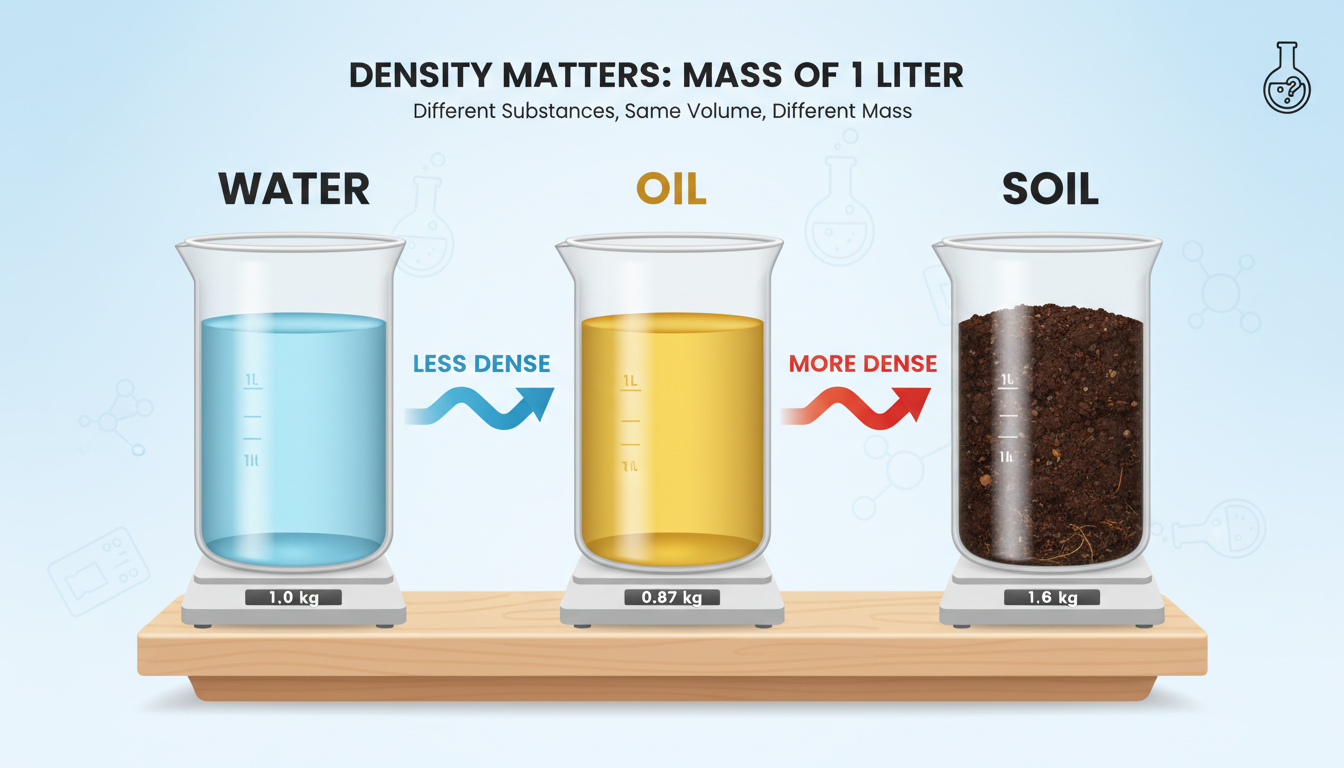 convert mg/kg to mg/L - Educational infographic visually comparing three 1-liter containers filled with water, oil, and soil, showing their different masses (1kg, 0.87kg, 1.6kg) to illustrate the concept of density.