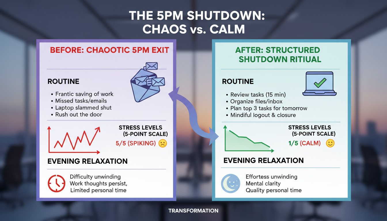8-to-5 workday - detailed comparison table as a high-quality graphic, showing the 'Before' (chaotic 5pm exit) and 'After' (structured shutdown ritual) and their effects on stress levels and evening relaxation