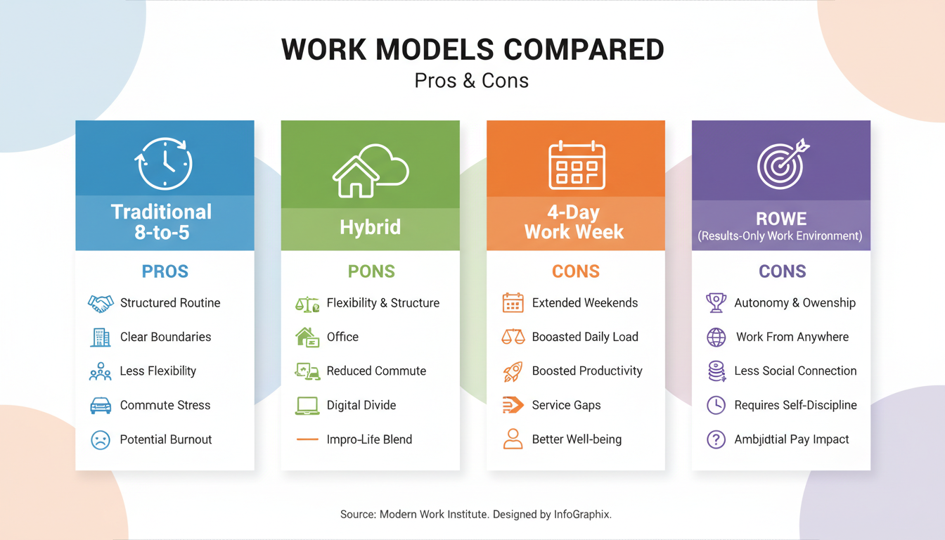 8-to-5 workday - educational infographic comparing the pros and cons of four work models: Traditional 8-to-5, Hybrid, 4-Day Work Week, and ROWE, using icons and a clean, modern design