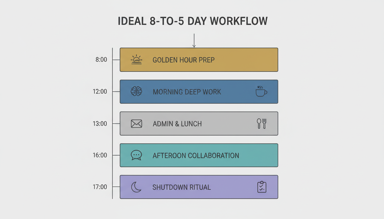 8-to-5 workday - professional minimalist flowchart showing the workflow of an ideal 8-to-5 day, with time blocks for 'Golden Hour Prep', 'Morning Deep Work', 'Admin & Lunch', 'Afternoon Collaboration', and 'Shutdown Ritual'