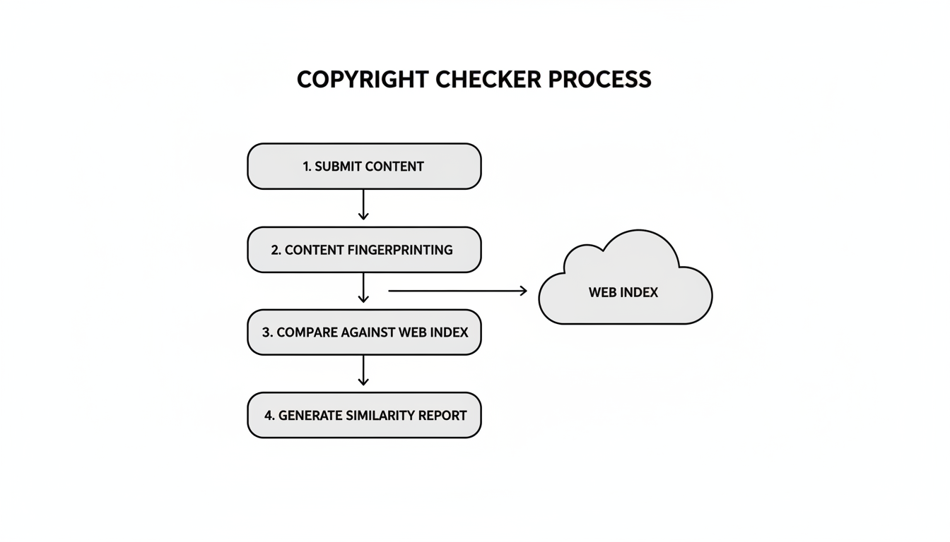 Copyright Checker - A clean, minimalist flowchart diagram illustrating the 4-step process of a copyright checker: 1. Submit Content, 2. Content Fingerprinting, 3. Compare Against Web Index, 4. Generate Similarity Report.