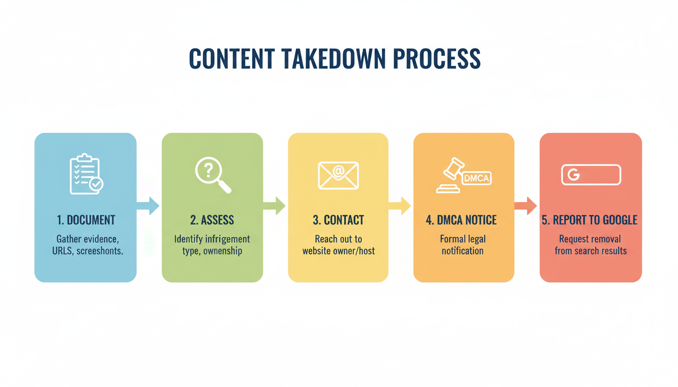 Copyright Checker - A step-by-step infographic diagram showing the 5 steps of the content takedown process, with icons for each step: 1. Document, 2. Assess, 3. Contact, 4. DMCA Notice, 5. Report to Google.