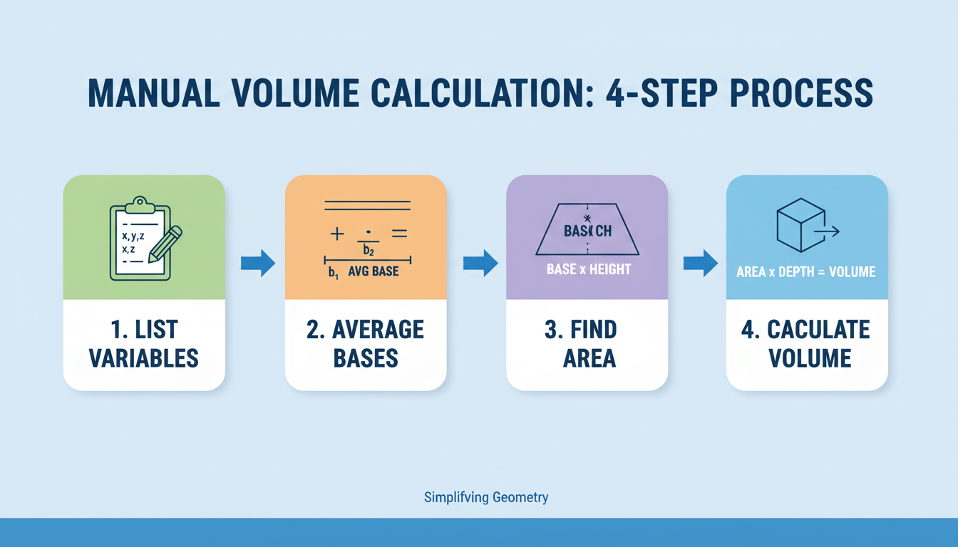 volume of a trapezoid calculator - An educational infographic showing the 4-step manual calculation process with icons for each step: 1. List Variables, 2. Average Bases, 3. Find Area, 4. Calculate Volume.