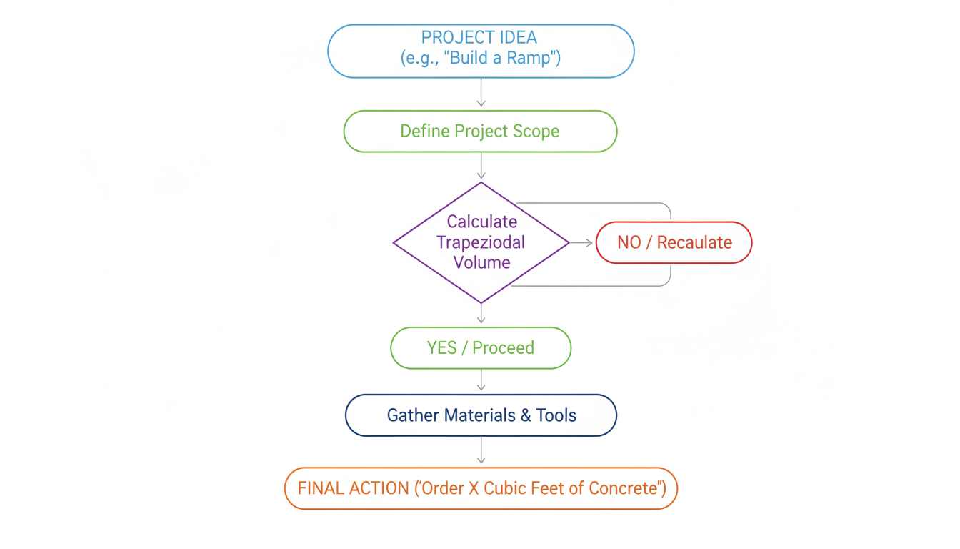 volume of a trapezoid calculator - A professional minimalist flowchart showing the workflow from project idea (e.g., 'Build a Ramp') to final action ('Order X Cubic Feet of Concrete'), with the 'Calculate Trapezoidal Volume' step as the central decision point.