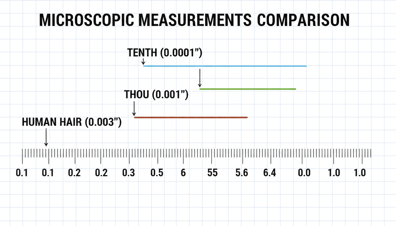 Tenths to Inches Calculator - Detailed infographic visually comparing the scale of a "tenth" (0.0001"), a "thou" (0.001"), and a human hair (0.003") against a magnified one-inch ruler.