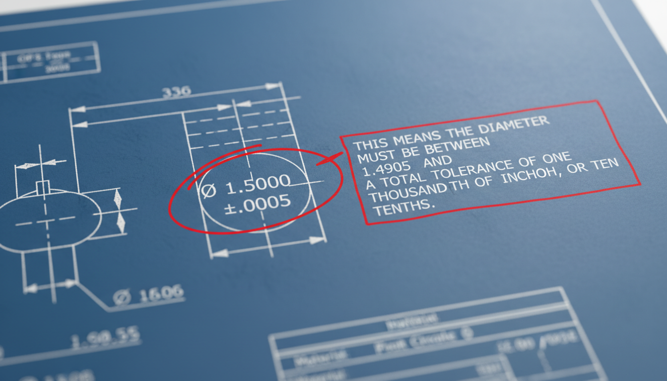Tenths to Inches Calculator - Close-up of a technical engineering blueprint. A specific dimension like 'Ø 1.5000 ±.0005' is circled in red, with a callout box explaining 'This means the diameter must be between 1.4995 and 1.5005 inches, a total tolerance of one thousandth of an inch, or ten tenths.'