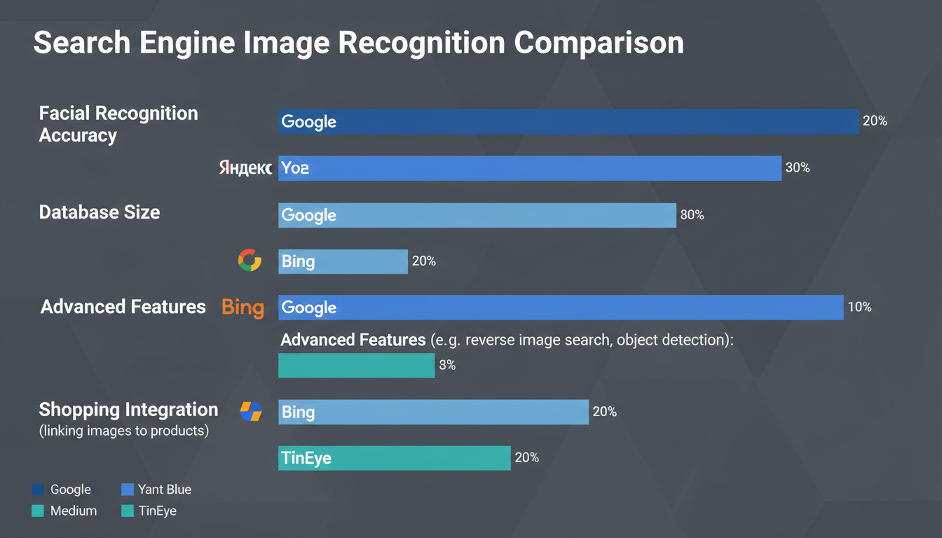 Yandex reverse image search - A modern, professional bar chart graphic comparing Yandex, Google, Bing, and TinEye on four key metrics: Facial Recognition Accuracy, Database Size, Advanced Features, and Shopping Integration.
