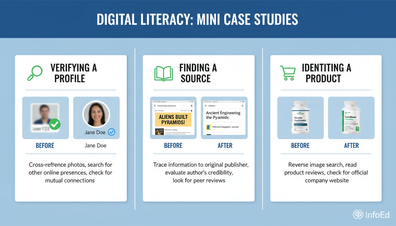 Yandex reverse image search - An educational infographic showcasing three mini case studies: 'Verifying a Profile', 'Finding a Source', and 'Identifying a Product', with icons and a before/after visual for each.
