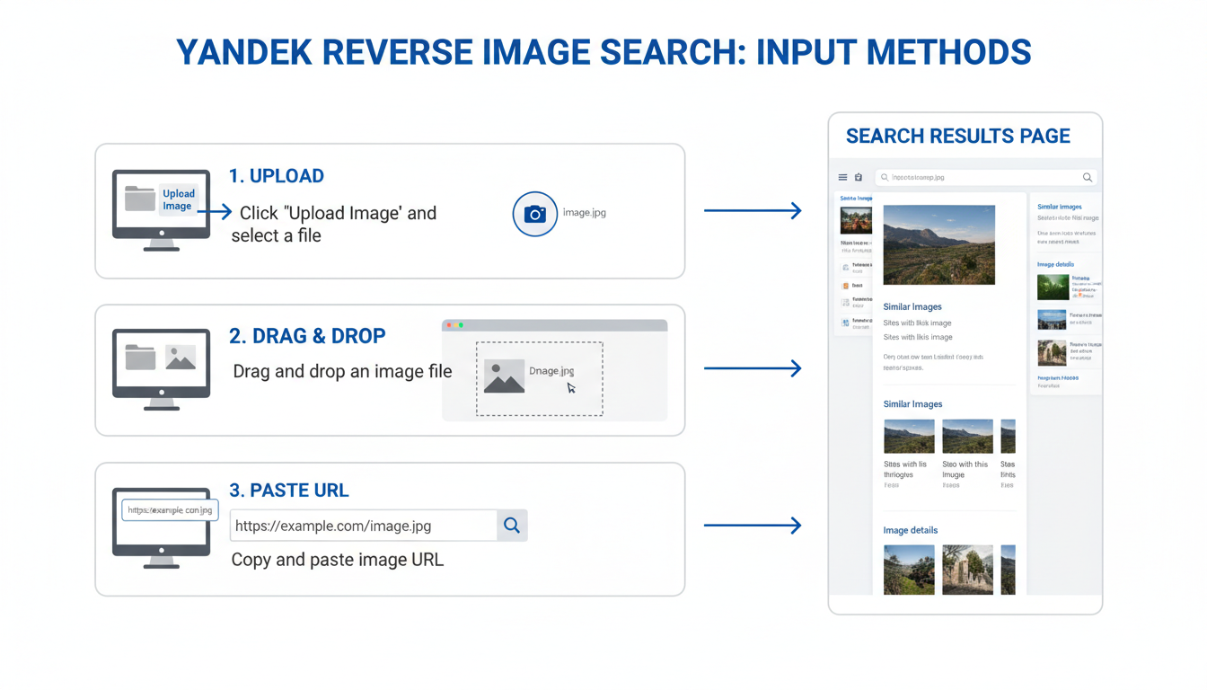 Yandex reverse image search - A clean, step-by-step diagram illustrating the three ways to input an image into Yandex Reverse Image Search: upload, drag-and-drop, and paste URL, with arrows pointing to the final results page.