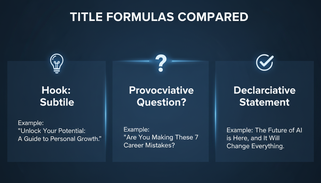 Essay Title Generator - A high-quality graphic comparing three title formulas: 'Hook: Subtitle', 'Provocative Question?', and 'Declarative Statement.' Each formula has a visual icon and a clear example.