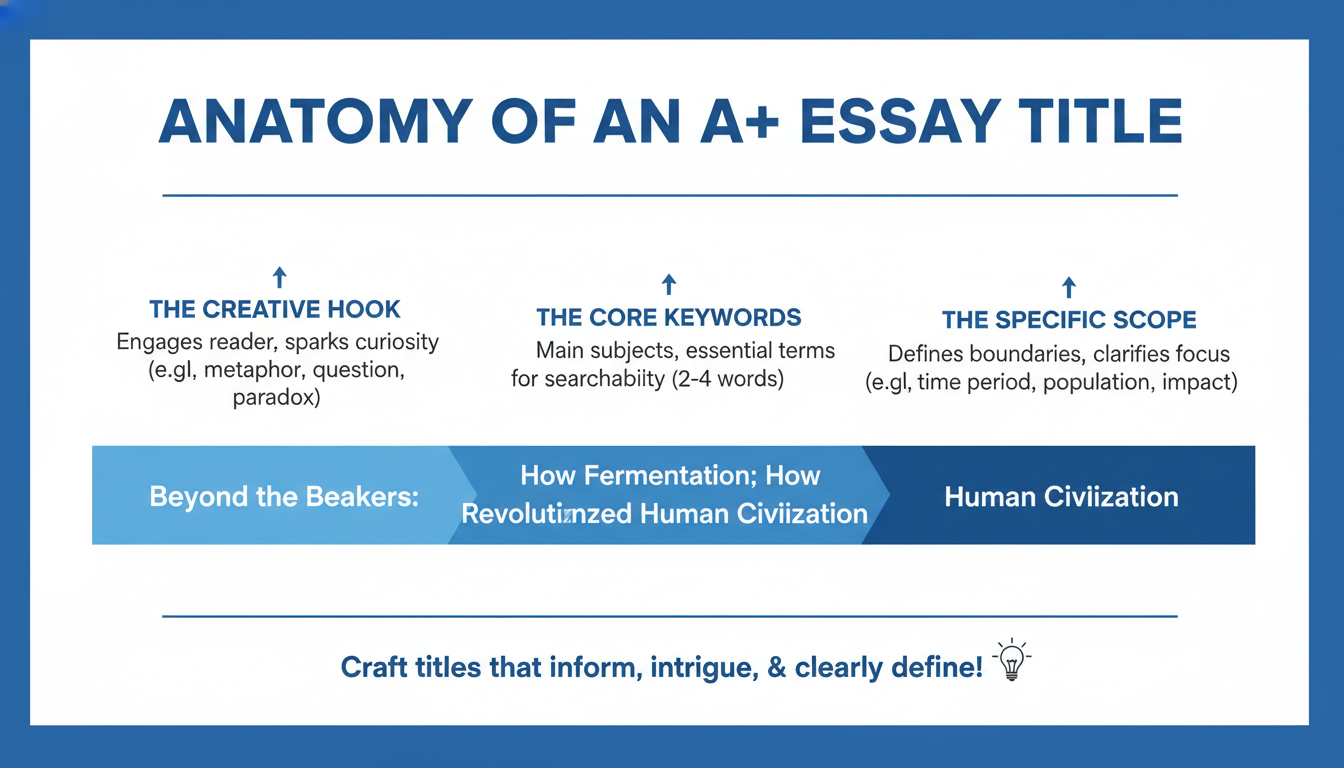 Essay Title Generator - An educational infographic titled 'Anatomy of an A+ Essay Title'. It breaks down a sample title into its components: The Creative Hook, The Core Keywords, and The Specific Scope, with annotations for each part.