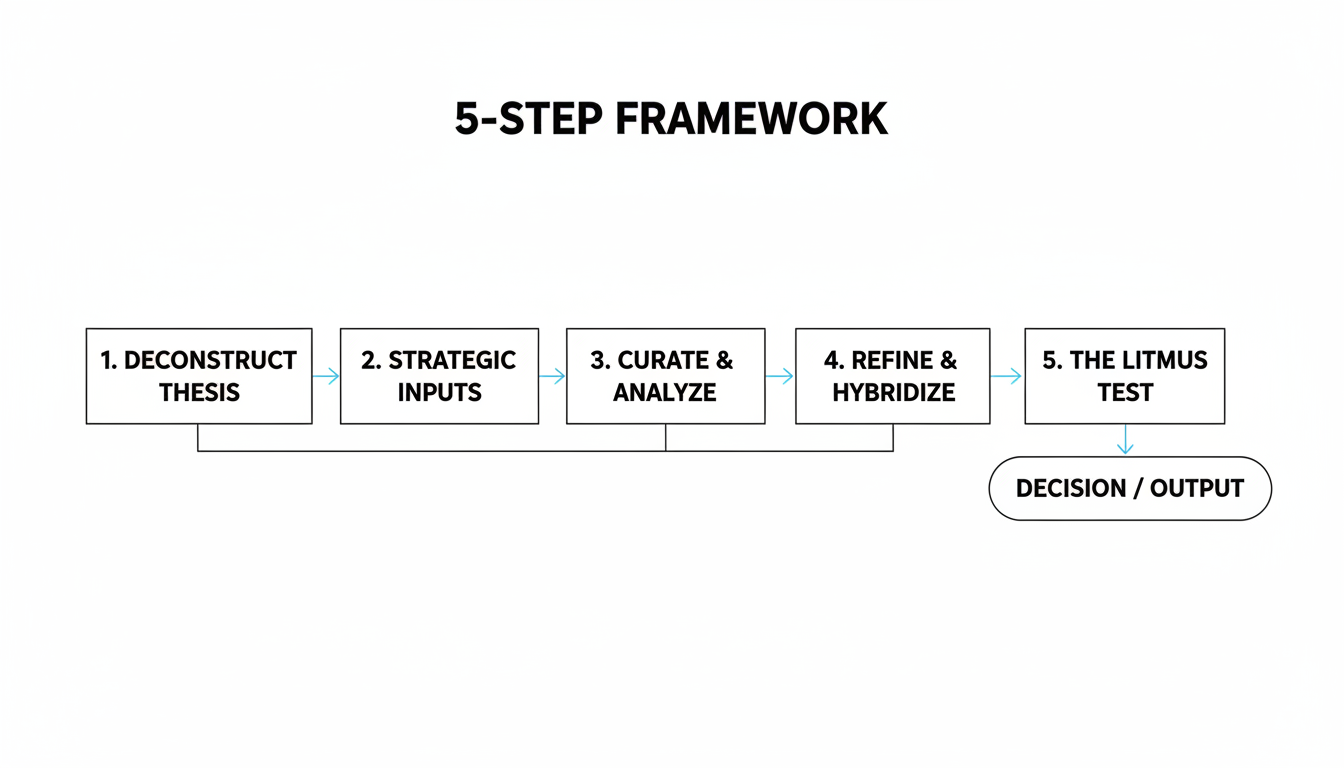 Essay Title Generator - A clean, minimalist flowchart diagram illustrating the 5-step framework: 1. Deconstruct Thesis, 2. Strategic Inputs, 3. Curate & Analyze, 4. Refine & Hybridize, 5. The Litmus Test.