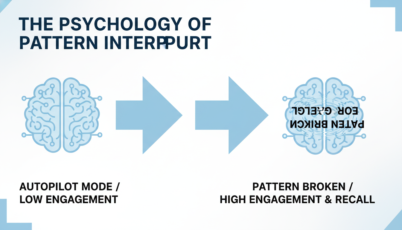 Mirrored Text Generator - An educational infographic titled 'The Psychology of Pattern Interrupt'. It shows a brain icon on the left with an arrow pointing to standard text labeled 'Autopilot Mode / Low Engagement'. On the right, another arrow points to mirrored text labeled 'Pattern Broken / High Engagement & Recall'.
