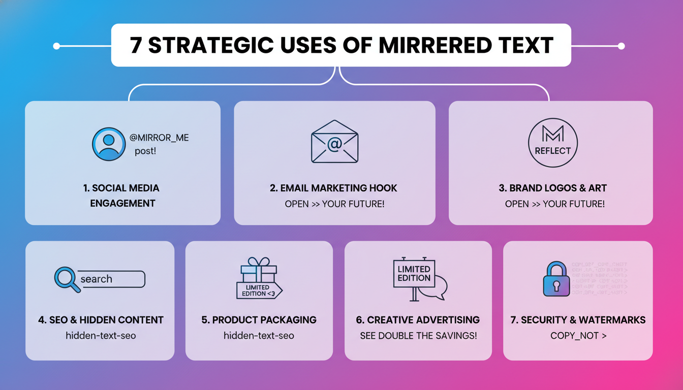 Mirrored Text Generator - A vibrant, modern infographic showcasing the '7 Strategic Uses of Mirrored Text'. Each use case is represented by a clean icon (e.g., a social media profile icon, an email icon, a logo icon) with a short description and example.