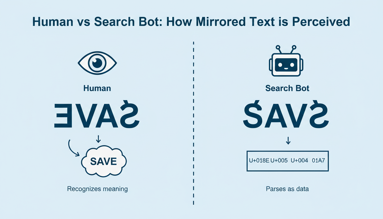 Mirrored Text Generator - A technical comparison chart titled 'Human vs. Search Bot: How Mirrored Text is Perceived'. The left side shows a human eye looking at 'ƎVAƧ' and seeing 'SAVE'. The right side shows a robot icon looking at 'ƎVAƧ' and seeing a string of code like 'U+018E U+0056 U+0041 U+01A7'.