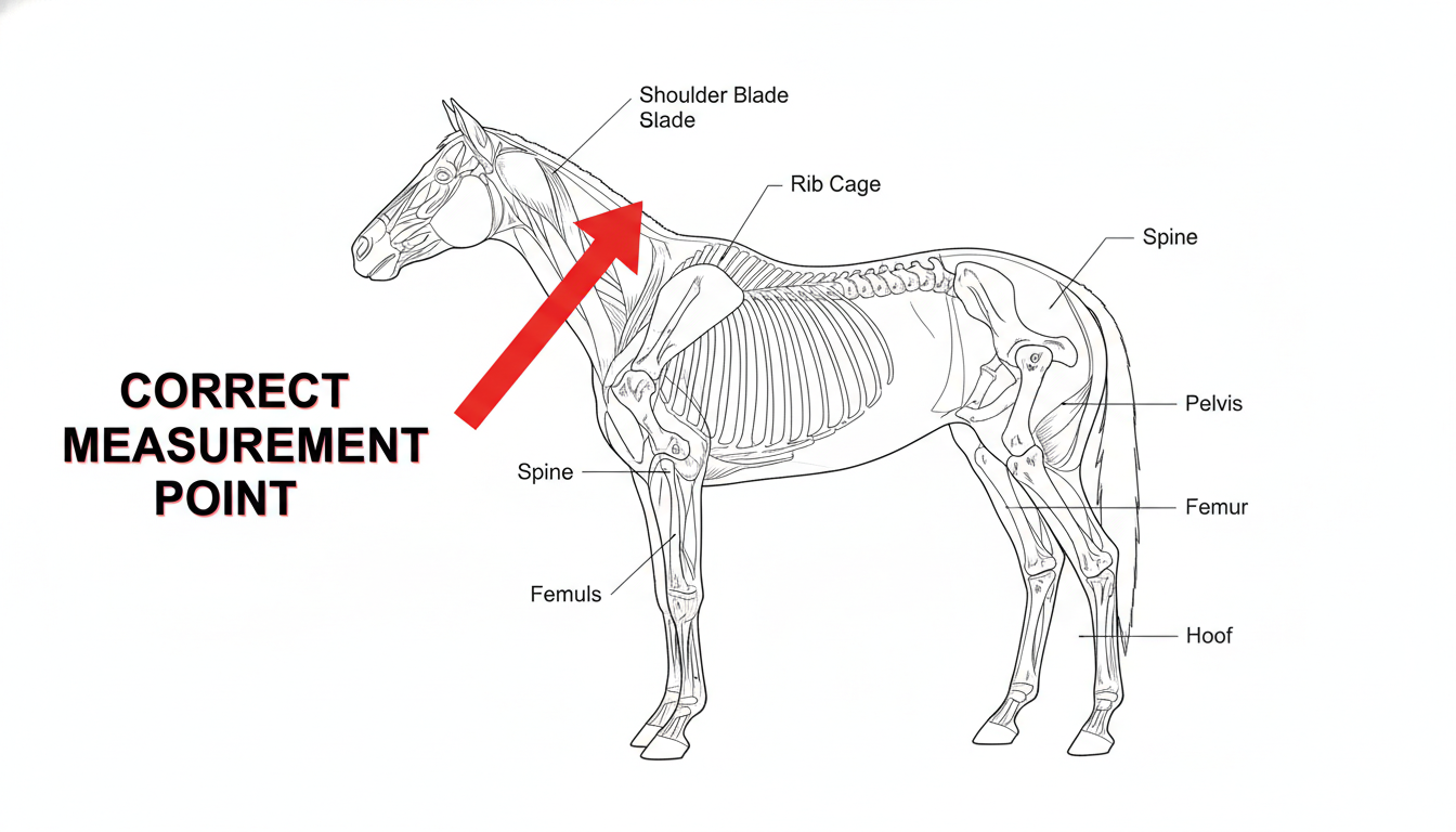 cm to hh conversion - A clear diagram showing the correct anatomy of a horse, with a bright red arrow pointing specifically to the highest point of the withers, labeled 'Correct Measurement Point'.