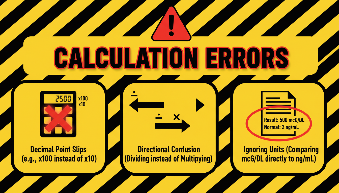 mcg/dL to ng/mL - A bold, clear infographic with a "danger" theme (yellow and black stripes). It has three icons. Icon 1: A calculator with a wrong number, labeled "Decimal Point Slips (e.g., x100 instead of x10)". Icon 2: Two arrows pointing in opposite directions, labeled "Directional Confusion (Dividing instead of Multiplying)". Icon 3: A lab report with mismatched units circled in red, labeled "Ignoring Units (Comparing mcg/dL directly to ng/mL)".