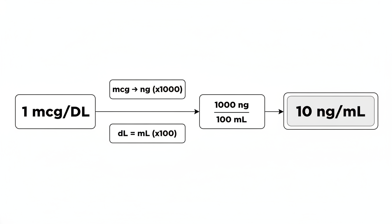 mcg/dL to ng/mL - A clean, minimalist flowchart showing the two-step derivation process. On the left, a box says "1 mcg/dL". An arrow points right to two parallel paths. The top path shows "mcg -> ng (x1000)". The bottom path shows "dL -> mL (x100)". Both paths converge on a box that says "1000 ng / 100 mL", which then points to a final, highlighted box: "10 ng/mL".