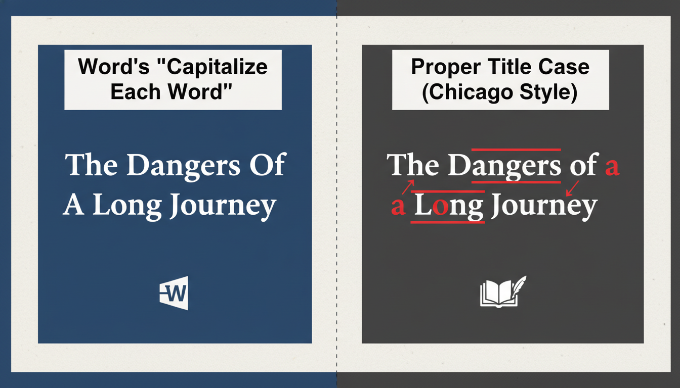 change case in Word - A high-quality graphic comparing two versions of a book title. One is labeled 'Word's "Capitalize Each Word"' and shows 'The Dangers Of A Long Journey'. The other is labeled 'Proper Title Case (Chicago Style)' and shows 'The Dangers of a Long Journey', highlighting the lowercase 'of' and 'a'.
