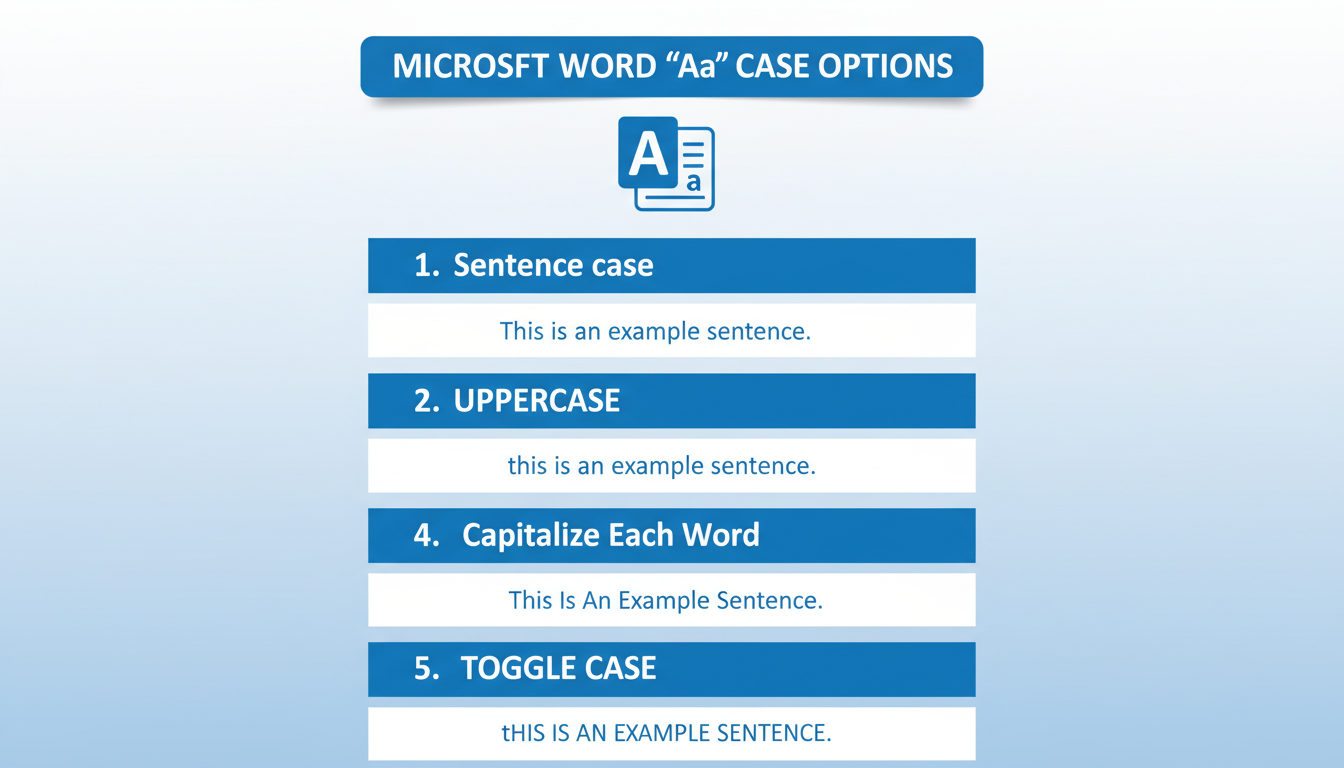 change case in Word - Educational infographic showcasing the 5 case options in Microsoft Word's 'Aa' dropdown menu, with a visual example for each: Sentence case, lowercase, UPPERCASE, Capitalize Each Word, and tOGGLE cASE.
