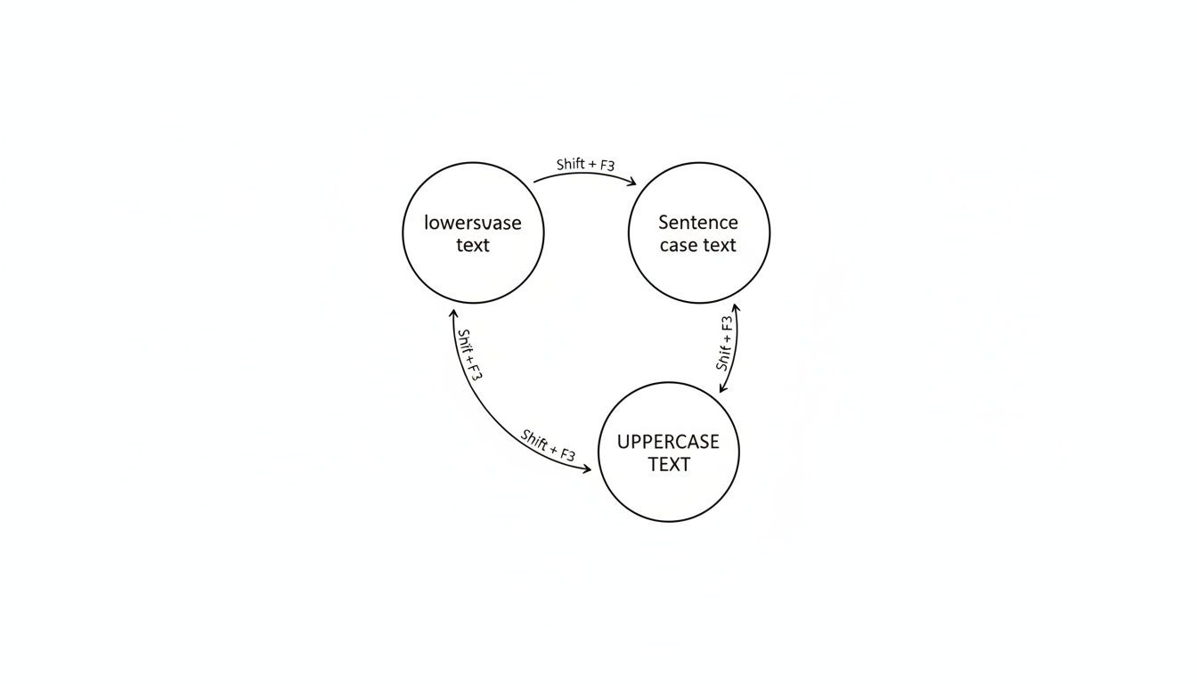 change case in Word - Minimalist flowchart diagram illustrating the cycle of the Shift + F3 shortcut in Word. Arrows connect three states: 'lowercase text' -> 'Sentence case text' -> 'UPPERCASE TEXT' -> back to 'lowercase text'.