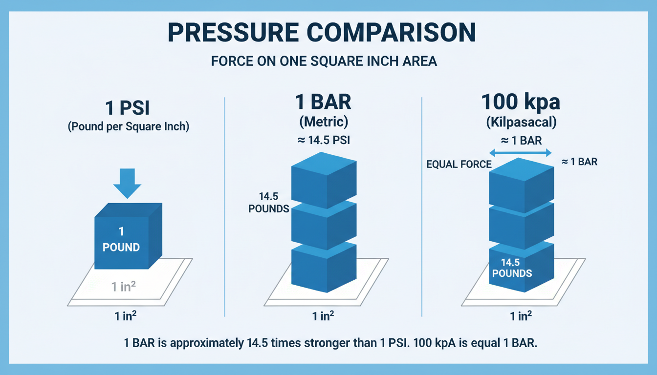 pressure unit converter - High-quality infographic visually comparing the relative force of 1 PSI, 1 Bar, and 100 kPa on a one-square-inch area, using simple block diagrams.