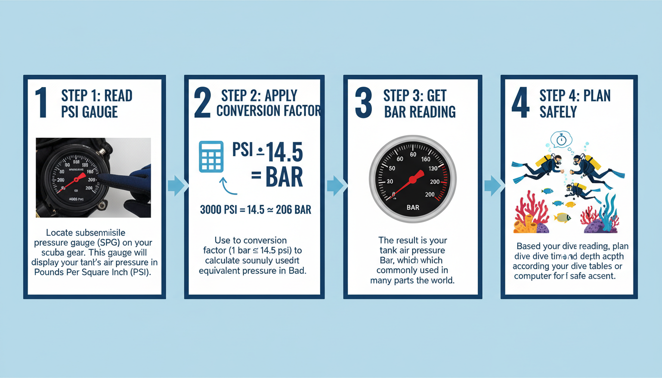 pressure unit converter - A step-by-step diagram showing the scuba diving pressure conversion scenario. Step 1: Read PSI gauge. Step 2: Apply conversion factor. Step 3: Get Bar reading. Step 4: Plan dive safely.