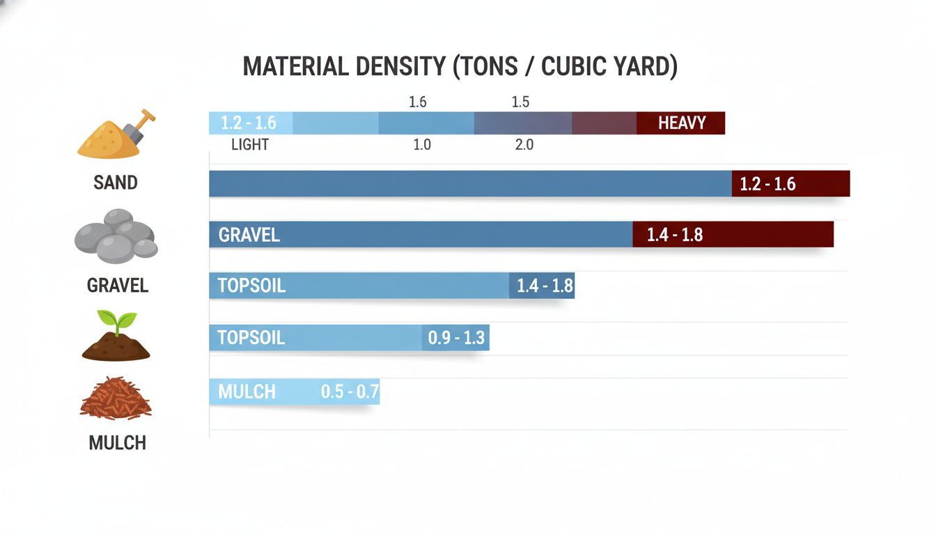 sq yards to tons - Data-rich comparison chart graphic showing different materials (sand, gravel, topsoil, mulch) with their typical density ranges in tons per cubic yard, visualized with icons for each material and a color-coded scale from light to heavy.