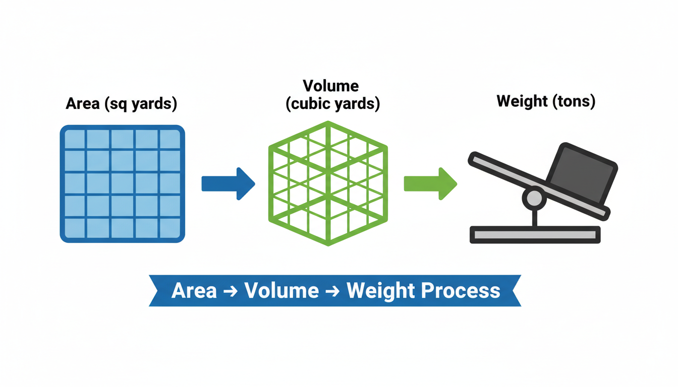 sq yards to tons - Educational infographic showing a 2D square labeled 'Area (sq yards)' transforming into a 3D cube labeled 'Volume (cubic yards)' with an arrow pointing to a weight scale labeled 'Weight (tons)', clearly illustrating the Area to Volume to Weight process.