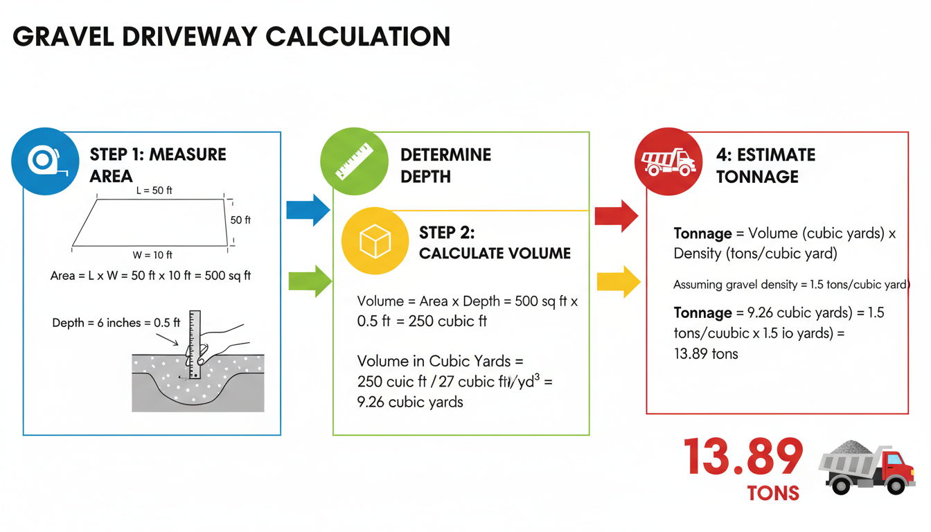 sq yards to tons - Step-by-step diagram illustrating the calculation for a gravel driveway, with icons for area (tape measure), depth (ruler), volume (cube), and final tonnage (dump truck).