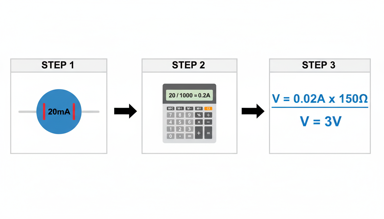 milliamps to volts - A professional step-by-step diagram showing the 3-step process: 1. A component with '20mA' label. 2. An arrow pointing to a calculator showing '20 / 1000 = 0.02A'. 3. An arrow pointing to the Ohm's Law formula 'V = 0.02A x 150Ω' with the final result 'V = 3V'.