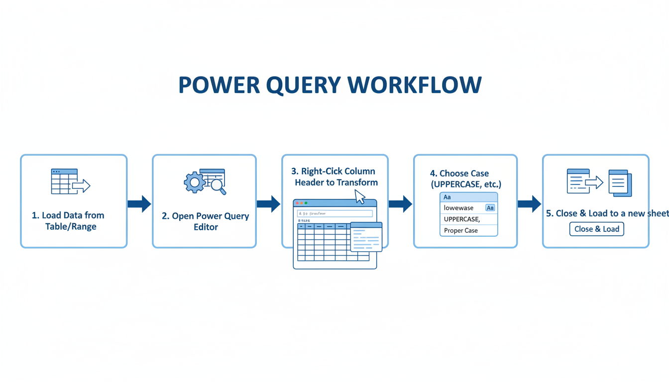 Change Case in Excel - A clean, step-by-step diagram illustrating the Power Query workflow: 1. Load Data from Table/Range, 2. Open Power Query Editor, 3. Right-Click Column Header to Transform, 4. Choose Case (lowercase, UPPERCASE, etc.), 5. Close & Load to a new sheet.