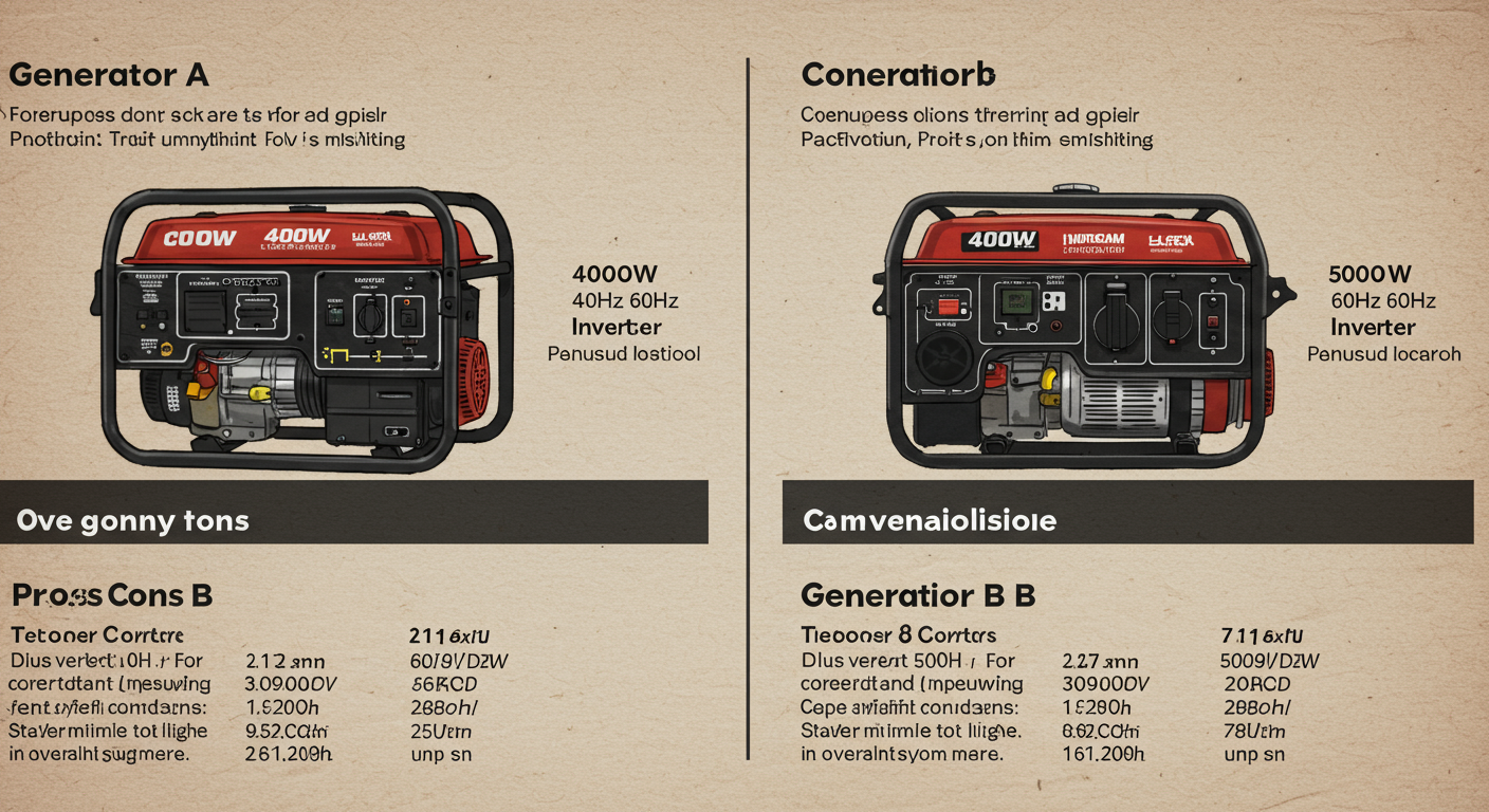 watts to hz - A detailed comparison chart as a high-quality graphic. Comparing two generators. Generator A: 4000W, 60Hz, Inverter. Generator B: 5000W, 60Hz, Conventional. The graphic highlights the pros and cons of each based on these specs.