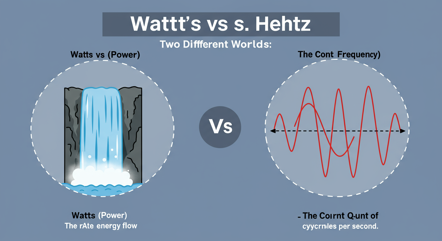 watts to hz - Educational infographic titled 'Watts vs. Hertz: Two Different Worlds'. On the left, a graphic of a powerful waterfall labeled 'Watts (Power) - The RATE of energy flow'. On the right, a graphic of a repeating sine wave labeled 'Hertz (Frequency) - The COUNT of cycles per second'.
