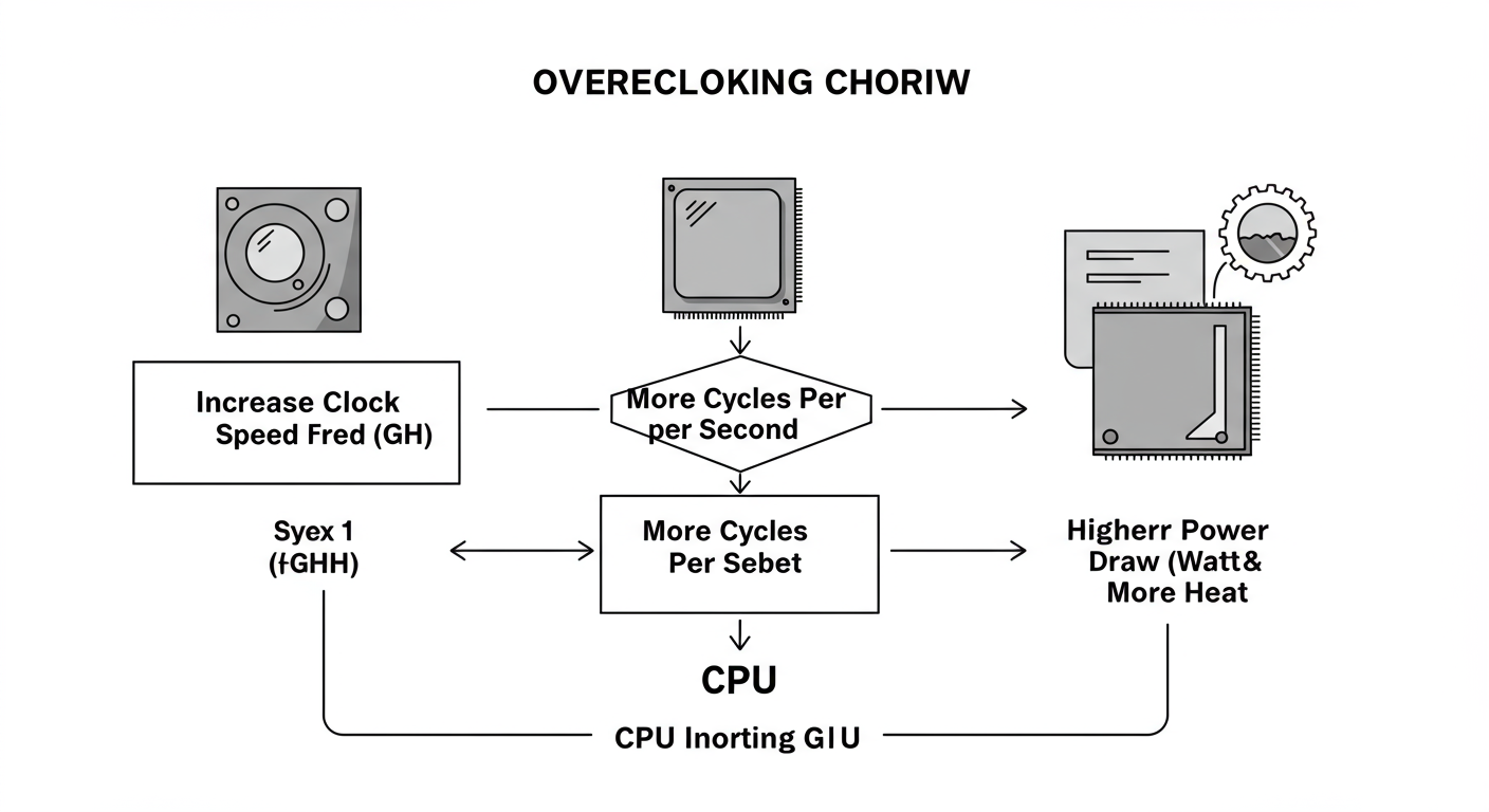 watts to hz - Professional minimalist flowchart showing the workflow of overclocking a CPU. Box 1: 'Increase Clock Speed (GHz)'. Arrow to Box 2: 'More Cycles per Second'. Arrow to Box 3: 'Higher Power Draw (Watts) & More Heat'.