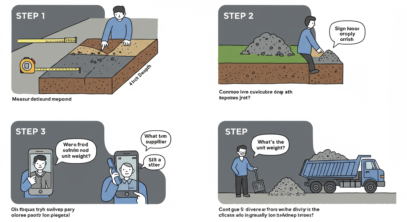 SY to tons conversion - A clean, step-by-step diagram for a DIY homeowner. Step 1: A person measuring a driveway with a tape measure. Step 2: A person pointing to a cross-section of the ground showing a 4-inch depth. Step 3: A person on the phone with a supplier, with a speech bubble saying "What's the unit weight?". Step 4: A person confidently signing for a delivery from a full dump truck.