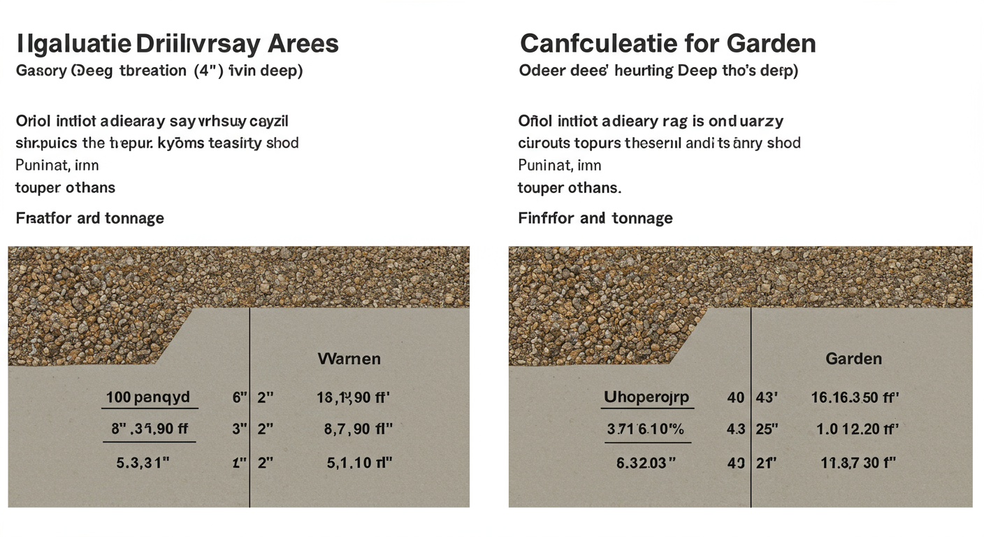 SY to tons conversion - Detailed comparison table as a high-quality graphic, showing two identical 100 sq yd areas. One is for a gravel driveway (4" deep), the other for a garden (6" deep). The graphic visually calculates the volume and then the final tonnage for each, highlighting how both depth and material density lead to vastly different final weights.