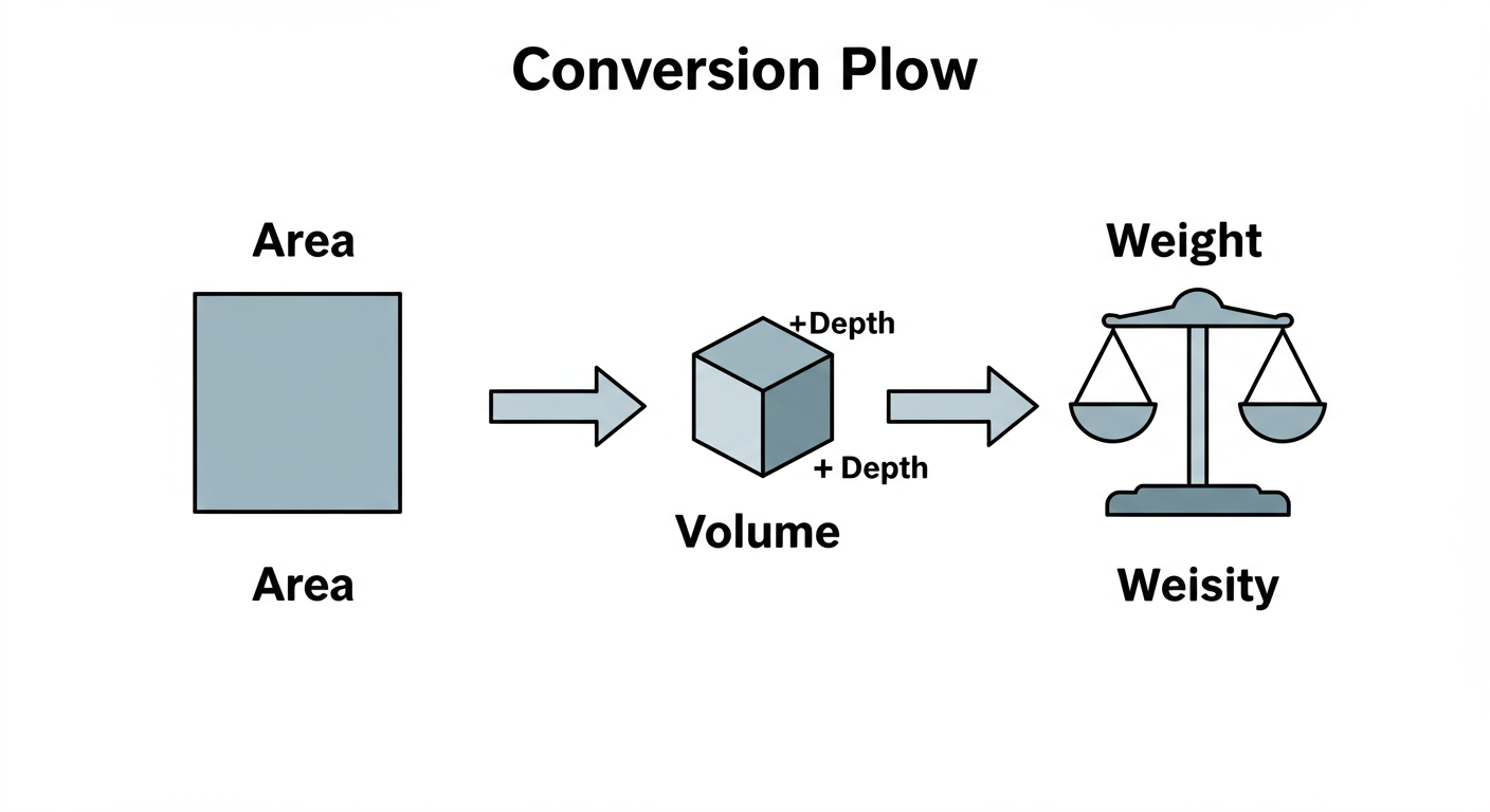 SY to tons conversion - Professional minimalist flowchart showing the conversion process. Icon for Area (a flat square) with an arrow to an icon for Volume (a 3D cube), with a "+ Depth" label. Then an arrow from the cube to an icon for Weight (a scale), with a "+ Density" label. The flow is clearly marked: Area -> Volume -> Weight.