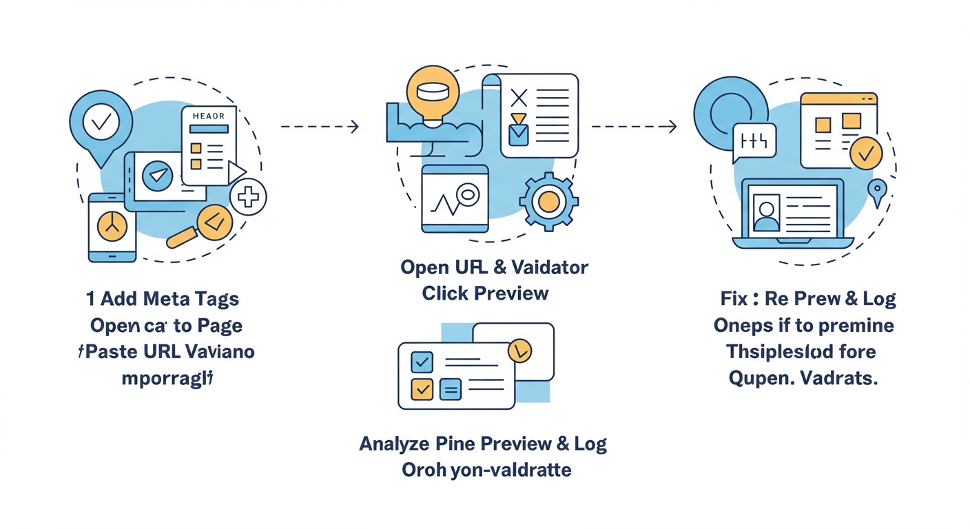 X Card Validator - Clean, minimalist step-by-step diagram showing the 5-step workflow: 1. Add Meta Tags to Page -> 2. Open X Card Validator -> 3. Paste URL & Click Preview -> 4. Analyze Preview & Log -> 5. Fix & Re-validate.