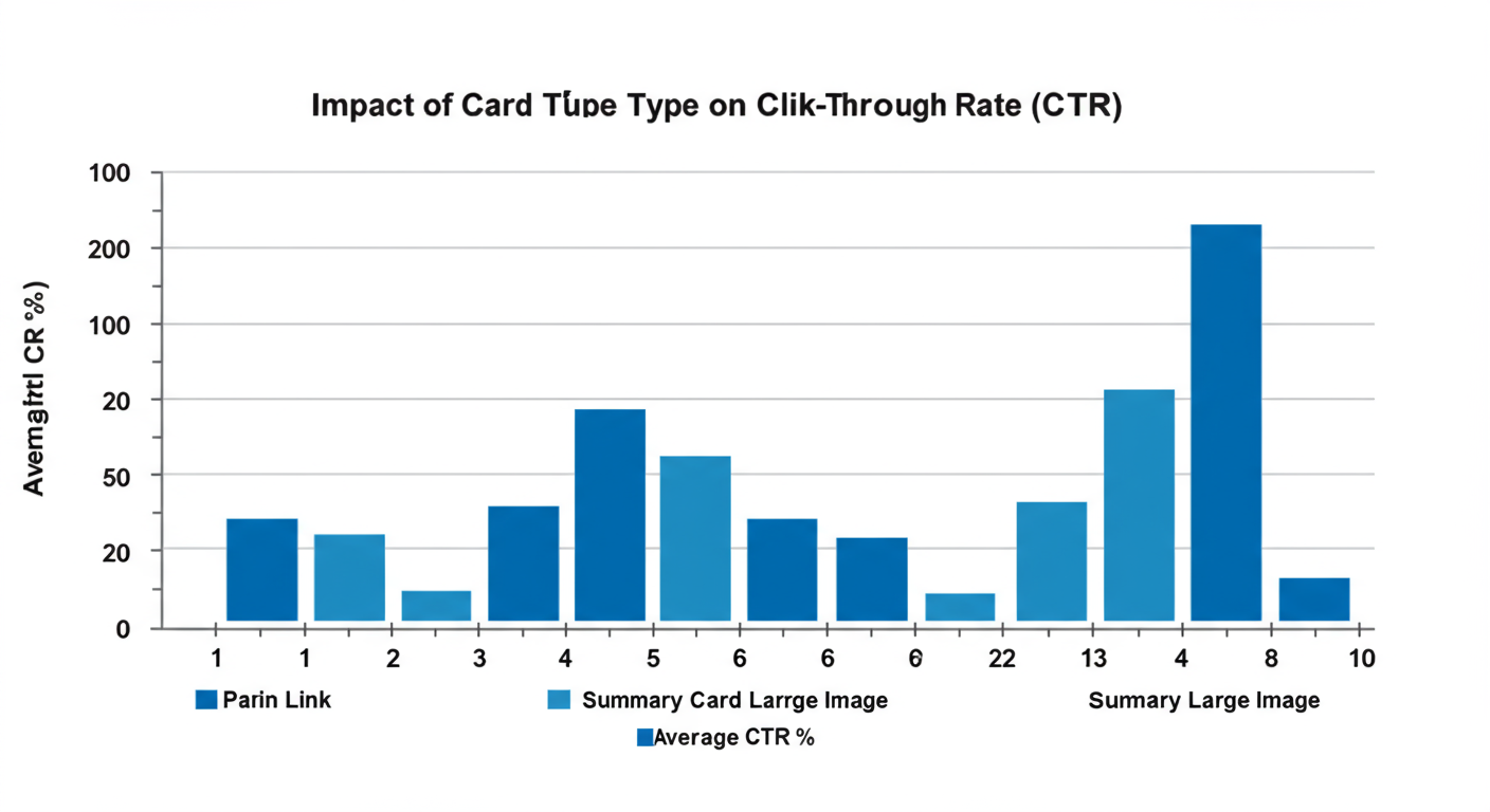 X Card Validator - Data trend graph titled 'Impact of Card Type on Click-Through Rate (CTR)'. The x-axis shows 'Card Type' (Plain Link, Summary Card, Summary Card with Large Image). The y-axis shows 'Average CTR %'. The bars show a dramatic increase, with 'Summary Card with Large Image' having the highest CTR.