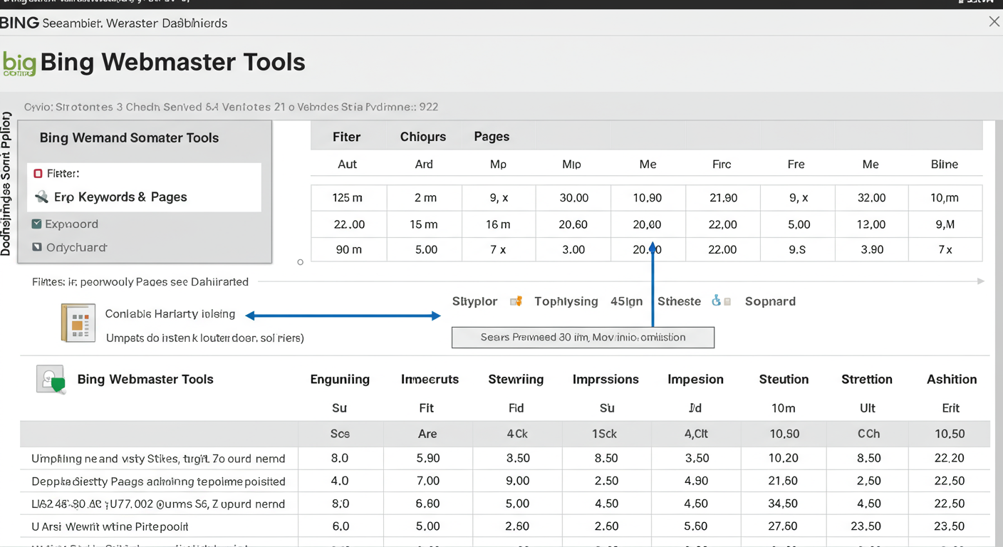 check Bing ranking - A clean, annotated diagram of the Bing Webmaster Tools 'Search Performance' dashboard. Highlight the filters for Keywords and Pages, and use arrows to point to the Clicks, Impressions, and Average Position columns with brief explanations.