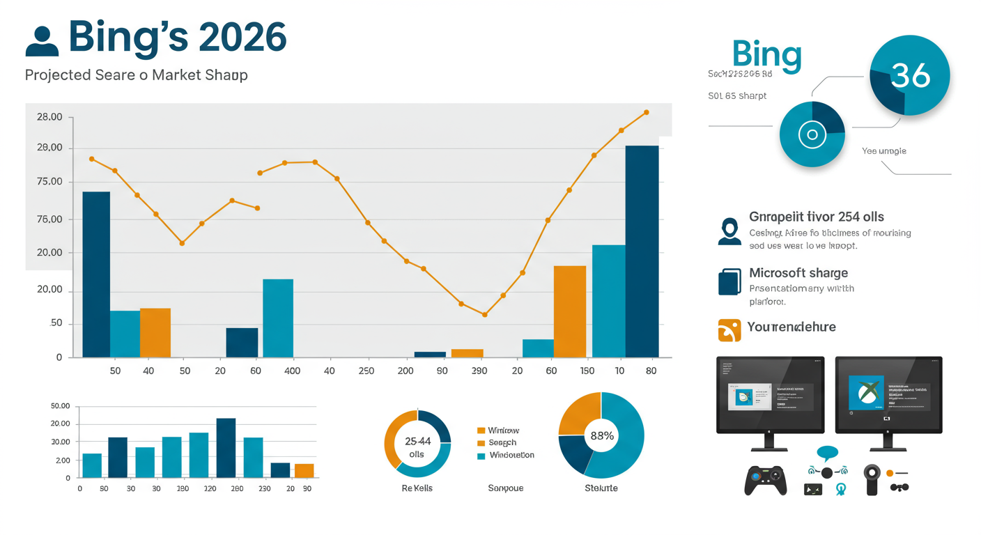 check Bing ranking - An engaging infographic showcasing Bing's 2026 market share on desktop, key user demographics (age, income), and its integration points within the Microsoft ecosystem like Windows Search, Edge, and Xbox.