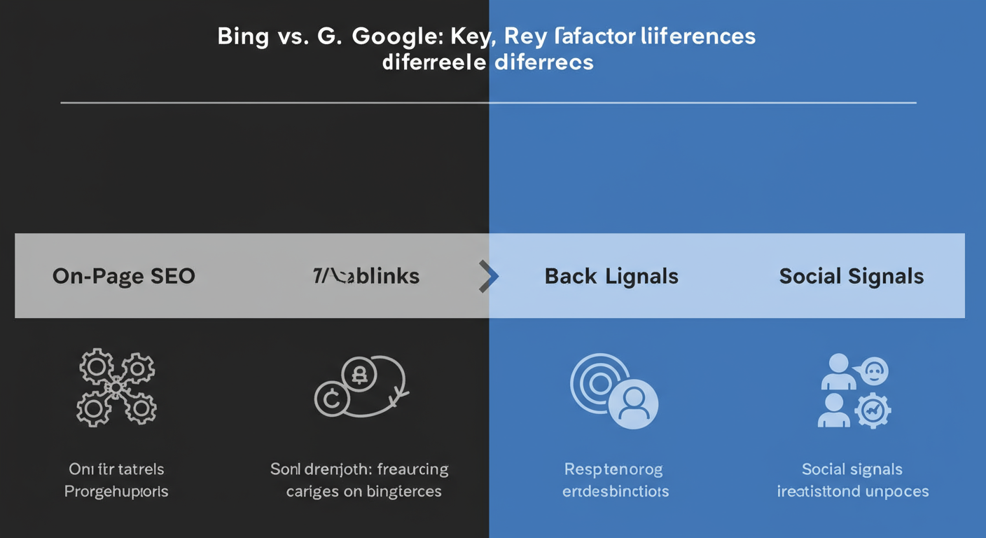 check Bing ranking - A high-contrast comparison chart graphic titled 'Bing vs. Google: Key Ranking Factor Differences', showing side-by-side comparisons for On-Page SEO, Backlinks, and Social Signals with simple icons for each.