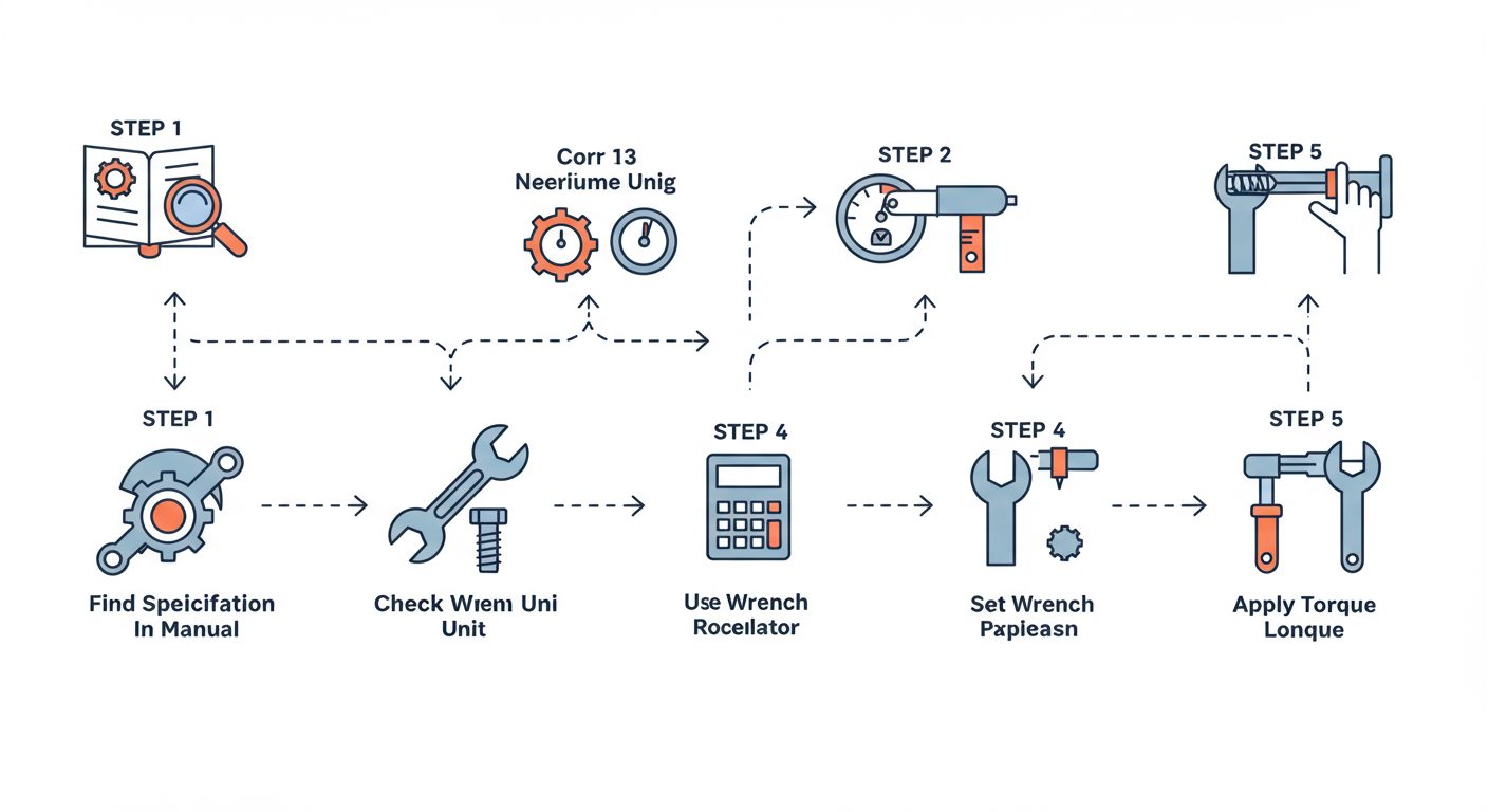 Torque Conversion Calculator - Professional minimalist flowchart showing the 5-step workflow: 1. Find Spec in Manual -> 2. Check Wrench Unit -> 3. Use Calculator -> 4. Set Wrench -> 5. Apply Torque.